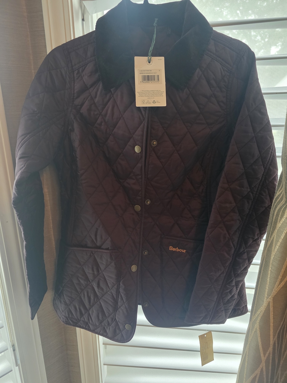Barbour Quilted Burgundy Utility Jacket with Black Cord Collar